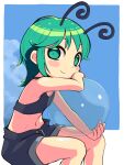  1girl alternate_costume antennae arm_up ball bangs bare_shoulders blue_background blue_shorts blush_stickers border closed_mouth eyebrows_behind_hair feet_out_of_frame flat_chest green_eyes green_hair hand_on_own_cheek hand_on_own_face highres holding holding_ball looking_at_viewer loose_pants midriff navel outside_border see-through short_hair shorts simple_background sitting smile solo touhou ugif white_border wriggle_nightbug 
