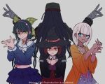  108_(toowa) 3girls :d bandaged_hands bandages bangs black_hair black_jacket blunt_bangs bow bracelet breasts brown_eyes brown_headwear brown_jacket brown_pants chabashira_tenko chain cleavage collarbone commentary_request danganronpa_(series) danganronpa_v3:_killing_harmony dark-skinned_female dark_skin eyebrows_visible_through_hair fox_shadow_puppet from_behind frown grey_background grey_hair hair_ornament hairband hands_up hat height_difference jacket jewelry layered_skirt long_hair looking_at_viewer low_twintails mole mole_under_mouth multiple_girls navel necklace open_mouth orange_jacket own_hands_together pants pink_hairband pleated_skirt red_hair red_skirt sailor_collar shadow_puppet shell_necklace shinguuji_korekiyo short_hair simple_background skirt small_breasts smile stomach twintails wavy_mouth white_bow witch_hat yonaga_angie yumeno_himiko 