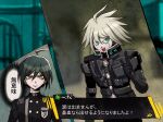  2boys :d ahoge android aoki_(fumomo) bangs black_gloves black_hair black_jacket blood blurry blurry_background breast_pocket brown_eyes buttons commentary_request danganronpa_(series) danganronpa_v3:_killing_harmony double-breasted fake_screenshot gloves green_eyes grey_hair hair_between_eyes index_finger_raised jacket keebo looking_at_viewer male_focus messy_hair multiple_boys nosebleed open_mouth pink_blood pocket power_armor saihara_shuuichi smile striped_jacket translation_request upper_body upper_teeth 