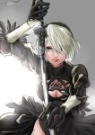  1girl absurdres breasts cleavage commentary gloves green_eyes grey_background grey_hair hair_over_one_eye highres katana kirie_kairi large_breasts mole mole_under_mouth nier_(series) nier_automata no_blindfold short_hair sketch solo sword thighs weapon yorha_no._2_type_b 