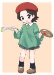  1girl adeleine artist_painter blue_eyes border brush child commentary_request green_shirt hat highres kirby_(series) kirby_64 light_brown_background looking_at_viewer open_mouth paintbrush palette_(object) paskmel red_headwear shirt short_hair simple_background smile solo tomboy white_border 