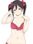  1girl alp bikini black_hair bow bra breasts closed_mouth collarbone commentary_request hair_bow highres looking_at_viewer love_live! love_live!_school_idol_project navel red_bikini red_bow red_eyes short_hair simple_background small_breasts smile solo sweat swimsuit twintails underwear white_background yazawa_nico 