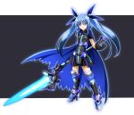  1girl black_gloves black_shirt black_shorts blue_cape blue_hair blue_ribbon cape clenched_hand closed_mouth commentary_request eyebrows_visible_through_hair frown gloves greaves grey_footwear hair_ribbon highres holding holding_weapon letterboxed long_hair looking_at_viewer lyrical_nanoha magical_girl mahou_shoujo_lyrical_nanoha mahou_shoujo_lyrical_nanoha_reflection material-l oshimaru026 overskirt purple_eyes ribbon shirt short_sleeves shorts solo twintails vulnificus weapon 