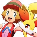  1girl :d bangs bare_arms blonde_hair blue_eyes blue_ribbon collarbone commentary_request eyelashes fennekin gen_6_pokemon hat highres kuroki_shigewo looking_to_the_side neck_ribbon open_mouth outstretched_arms pokemon pokemon_(anime) pokemon_(creature) pokemon_xy_(anime) ribbon serena_(pokemon) short_hair simple_background sleeveless smile starter_pokemon tongue white_background 