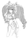  1girl bikini bow breasts cleo_(dragalia_lost) cropped_legs dragalia_lost eyebrows_visible_through_hair hair_bow highres looking_at_viewer medium_breasts monochrome nikukaiq official_alternate_costume sarong simple_background sketch solo swimsuit twintails white_background 
