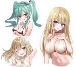  3girls arm_between_breasts armpits between_breasts bikini black_bikini blonde_hair blue_eyes blush breasts chirang choker cleavage collarbone cropped_torso eyebrows_visible_through_hair flower green_eyes green_hair hair_flower hair_ornament highres large_breasts long_hair medium_breasts multiple_girls navel open_mouth original pointy_ears simple_background smile stomach swimsuit upper_body upper_teeth white_background 