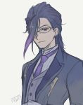  1boy butler closed_mouth formal glasses gloves hair_slicked_back hameln_(sinoalice) male_focus multicolored_hair necktie red_eyes ren-co simple_background sinoalice sketch smirk solo suit two-tone_hair white_background white_gloves 