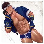  1boy abs artisticjinsky bara blush brown_eyes brown_hair bulge gloves headband highres jacket large_pectorals looking_at_viewer male_focus male_pubic_hair muscular muscular_male nipples open_clothes open_jacket pectorals pubic_hair short_hair simple_background smile solo the_king_of_fighters the_king_of_fighters_&#039;97 thick_thighs thighs tongue tongue_out underwear yabuki_shingo 