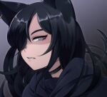  1girl animal_ears black_hair choker clenched_teeth dog_ears earrings eyeliner face grey_eyes grimace hair_over_one_eye hood hoodie jewelry long_hair looking_at_viewer makeup mascara nose original saki_(c_ybrbnby) shiny shiny_hair slit_pupils solo teeth 