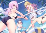  4girls absurdres ass bikini blonde_hair blue_eyes blue_hair breasts cleavage cu-no highres hisen_kaede huge_filesize long_hair looking_at_viewer medium_breasts multiple_girls navel open_mouth pink_hair purple_eyes simple_background smile stomach swimsuit thighs volleyball_net white_background yellow_eyes 