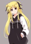  1girl azumaya_hironaru bangs black_hoodie black_ribbon blonde_hair casual closed_mouth commentary drawstring eyebrows_visible_through_hair fate_testarossa grey_background hair_ribbon highres hood hood_down hoodie long_hair long_sleeves looking_at_viewer lyrical_nanoha mahou_shoujo_lyrical_nanoha ribbon sidelocks simple_background smile solo standing twintails upper_body 