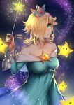  1girl blonde_hair blue_dress blue_eyes breasts brooch collarbone crown dress earrings hair_over_one_eye highres holding holding_wand jewelry large_breasts long_hair long_sleeves looking_at_viewer luma_(mario) mario_(series) off_shoulder parted_lips purple_nails rosalina super_mario_galaxy wand wani_(fadgrith) 