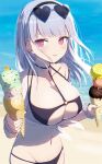  1girl azur_lane bangs beach bikini black_bikini blush breasts cleavage dido_(azur_lane) earrings eyewear_on_head food frilled_cuffs from_above gotyou highres holding holding_food ice_cream ice_cream_cone jewelry large_breasts long_hair manjuu_(azur_lane) navel o-ring o-ring_bikini open_mouth outdoors pink_eyes sand shore silver_hair swimsuit water 