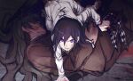  2boys arm_support bangs black_hair black_scarf blood blood_on_face bloody_clothes bloody_hands brown_hair brown_jacket brown_pants checkered checkered_scarf commentary_request corpse danganronpa_(series) danganronpa_v3:_killing_harmony death feet_out_of_frame gokuhara_gonta hair_between_eyes highres ichihara2929 jacket long_hair long_sleeves looking_at_viewer lying male_focus messy_hair multiple_boys on_side ouma_kokichi pants purple_eyes scarf scarf_removed shoes torn_jacket white_scarf 