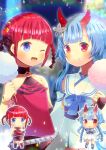  2girls :o ;d asukagawa_chise bangs bare_shoulders belt black_collar black_footwear black_skirt blue_archive blue_eyes blue_hair braid camisole chibi chise_(blue_archive) closed_mouth collar collarbone cotton_candy crossover detached_sleeves dress eyebrows_visible_through_hair food gridman_universe hands_on_hips holding holding_food horns kou_hiyoyo long_hair long_sleeves mole mole_under_eye multiple_girls one_eye_closed open_mouth parted_lips red_camisole red_eyes red_hair red_legwear sailor_collar sailor_dress shoes skirt sleeveless sleeveless_dress sleeves_past_wrists smile ssss.dynazenon studded_belt thighhighs twin_braids twintails white_dress white_sailor_collar white_sleeves 