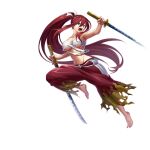  1girl armpits barefoot breasts brown_eyes dual_wielding earrings erza_scarlet fairy_tail full_body hair_between_eyes holding holding_sword holding_weapon jewelry katana large_breasts long_hair looking_at_viewer midriff navel open_mouth pants ponytail red_hair sarashi solo sword teeth tongue transparent_background underboob valkyrie_connect very_long_hair weapon 