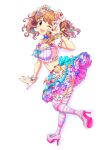  1girl :3 bikini brown_eyes brown_hair candy candy_hair_ornament food food-themed_hair_ornament frilled_bikini frilled_skirt frills hair_ornament hair_ribbon high_heels highres idolmaster idolmaster_cinderella_girls lolita_fashion moroboshi_kirari multicolored multicolored_clothes multicolored_legwear multicolored_nails multicolored_skirt one_eye_closed oregaihanboshi ribbon skirt sweet_lolita swimsuit thighhighs twintails 