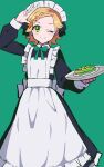  1girl absurdres aikatsu!_(series) apron black_dress black_ribbon blonde_hair bow bowtie braid closed_mouth commentary_request dress feet_out_of_frame food green_background green_eyes green_neckwear hair_ribbon hands_up highres holding holding_tray long_sleeves looking_at_viewer maid maid_apron maid_headdress one_eye_closed ribbon shinjou_hinaki short_hair simple_background smile solo tray uhouhogorigori w white_apron 