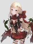  1girl akitama2727 bangs bare_shoulders black_gloves blonde_hair breasts cape cleavage closed_mouth elbow_gloves fishnet_gloves fishnets gloves grey_background hair_between_eyes hair_ornament highres little_red_riding_hood_(sinoalice) lolita_fashion long_hair looking_at_viewer red_hood simple_background sinoalice smile solo torn_cape torn_clothes 