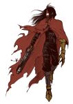  1boy black_hair clawed_gauntlets cloak final_fantasy final_fantasy_vii gun headband hidden_mouth igusaharu leather long_hair looking_to_the_side pointed_footwear red_cloak red_headband revolver torn_clothes vincent_valentine weapon white_background 