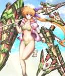  1girl alternate_weapon bangs beach bikini blue_sky breasts cleavage cloud cloudy_sky commentary_request criss-cross_halter day eyebrows_visible_through_hair fortress_(nanoha) green_bikini hair_ribbon halterneck highres hood hood_down hoodie horizon itutooki_kousin leg_up looking_at_viewer lyrical_nanoha mahou_senki_lyrical_nanoha_force mahou_shoujo_lyrical_nanoha medium_hair navel no_pants ocean open_clothes open_hoodie open_mouth orange_hair outdoors partial_commentary pink_hoodie purple_eyes purple_ribbon raising_heart ribbon sandals scrunchie side_ponytail sky solo standing standing_on_one_leg strike_cannon swimsuit takamachi_nanoha translated weapon white_footwear wrist_scrunchie 