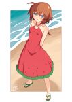  1girl :o arms_behind_back artist_name bangs beach blue_eyes brown_hair casual commentary day dress food_print frilled_dress frills full_body green_footwear halterneck hibun_tsukasa looking_at_viewer lyrical_nanoha mahou_shoujo_lyrical_nanoha mahou_shoujo_lyrical_nanoha_a&#039;s mahou_shoujo_lyrical_nanoha_a&#039;s_portable:_the_battle_of_aces material-s medium_dress outdoors outside_border parted_lips print_dress red_dress sandals short_hair signature solo standing water watermelon_print 