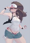  1girl arm_up armpits bare_arms bare_shoulders baseball_cap black_vest blue_eyes blush breasts brown_hair camisole collarbone covered_nipples cutoffs denim denim_shorts exposed_pocket floating_hair grey_background halterneck hand_on_headwear hat high_ponytail hilda_(pokemon) holding holding_poke_ball long_hair looking_at_viewer nose_blush open_clothes open_fly open_shorts open_vest parted_lips poke_ball poke_ball_(basic) pokemon pokemon_(game) pokemon_bw ryumi-gin short_shorts shorts side-tie_bottom sidelocks simple_background skindentation small_breasts solo unbuttoned vest wind wristband 