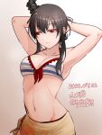  1girl armpits arms_behind_head bikini black_hair bobokuboboku character_name commentary_request dated gradient gradient_background hair_ornament kantai_collection looking_to_the_side one-hour_drawing_challenge red_eyes sarong short_hair short_hair_with_long_locks solo striped striped_bikini swimsuit twitter_username yamashiro_(kancolle) 