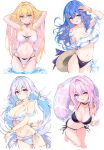  4girls absurdres bikini blonde_hair blue_eyes blue_hair breasts cleavage cu-no hat highres hisen_kaede holding innertube jewelry long_hair looking_at_viewer medium_breasts multiple_girls navel open_mouth pink_hair purple_eyes simple_background smile stomach swimsuit thighs white_background yellow_eyes 