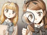  2girls bangs blonde_hair brown_eyes drill_hair from_below hair_ribbon jessica_(jinrou_judgment) jinrou_judgment kamadouma_(gymnopedie123) long_hair looking_at_viewer looking_down magnifying_glass multiple_girls murder_mystery_j ribbon sandra_(jinrou_judgment) siblings sisters twins 