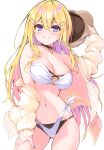  1girl absurdres bangs blonde_hair breasts cleavage cu-no hair_ornament hairclip hat highres hisen_kaede holding long_hair looking_at_viewer medium_breasts navel purple_eyes scan simple_background smile solo stomach swimsuit 