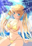  1girl :d bangs bare_shoulders bikini blonde_hair blue_eyes blush breasts cloud cloudy_sky commentary_request day eyebrows_visible_through_hair food halterneck holding holding_food ice_cream large_breasts long_hair looking_at_viewer nanase_aoi navel ocean open_mouth original reward_available sidelocks sky smile solo stomach summer swimsuit twintails yellow_bikini 
