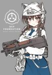  1girl alphy bandaid blush braid brown_eyes brown_hair bullpup gas_mask gun highres long_hair original p90 pout scp_foundation solo submachine_gun twin_braids weapon 