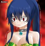  1girl artist_name bangs blue_hair breasts choker cleavage closed_mouth dripping eden&#039;s_zero frown highres homura_kogetsu hot lips long_hair ponytail red_background red_eyes redrawn sharknex01 shoulders sweat sweating_profusely trembling upper_body 