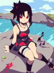  absurdres aetherion black_hair breasts cleavage day dress feet_out_of_frame genderswap genderswap_(mtf) highres huge_filesize jewelry kunai looking_at_viewer medium_breasts naruto naruto_(series) necklace on_rock outdoors red_eyes river rock short_dress sitting spaghetti_strap strap_gap uchiha_sasuke weapon 