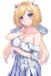  1girl absurdres aki_rosenthal arm_under_breasts bare_shoulders black_bra blonde_hair blue_eyes blush bra breasts cleavage detached_hair enatsu finger_to_mouth hair_ornament highres hololive off_shoulder short_hair simple_background solo twintails underwear virtual_youtuber 