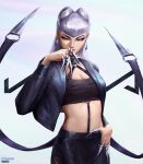  1girl blade breasts claws cleavage collar crop_top earrings evelynn_(league_of_legends) eyebrows eyeshadow hand_up highres hoop_earrings isaac_liew jacket jewelry k/da_(league_of_legends) league_of_legends long_hair looking_at_viewer makeup o-ring o-ring_top silver_hair slit_pupils solo the_baddest_evelynn upper_body yellow_eyes 