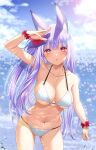  1girl :o animal_ear_fluff animal_ears arm_up armpits bare_shoulders bikini breasts caustics cleavage collarbone cowboy_shot extra_ears flower flower_bracelet fox_ears hair_flower hair_ornament hibiscus highres kamishiro_natsume large_breasts long_hair looking_at_viewer melty+ mole mole_on_thigh navel parted_lips pink_eyes purple_hair revision shading_eyes skindentation solo standing stomach string_bikini swimsuit thighs very_long_hair virtual_youtuber wet white_bikini yasuyuki 