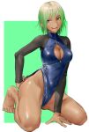  1girl :d bare_legs barefoot blue_eyes blue_swimsuit blush border breasts cleavage cleavage_cutout clothing_cutout commentary_request covered_nipples full_body green_background green_eyes green_hair half-closed_eyes highleg highleg_swimsuit highres kilye_kairi large_breasts long_sleeves looking_at_viewer medium_hair open_mouth original smile solo swimsuit white_border 