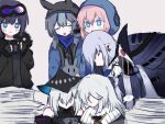  6+girls ? andreana_(arknights) arknights bare_shoulders black_cape black_headwear black_jacket blue_eyes blue_hair blue_jacket blue_poison_(arknights) cape commentary cup earrings fur-trimmed_jacket fur_trim gladiia_(arknights) glaucus_(arknights) hat holding holding_cup holding_phone hood hooded_jacket jacket jewelry looking_at_phone lowres multiple_girls necklace open_clothes open_jacket papers phone pink_hair pointy_ears purple_hair silver_hair simple_background skadi_(arknights) specter_(arknights) spoken_question_mark zhu_mianzi 