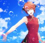  1girl ;d blue_eyes blue_sky breasts brown_hair bubble cloud cma_cmakuma day double_bun gintama hair_between_eyes highres kagura_(gintama) looking_at_viewer one_eye_closed open_mouth outdoors outstretched_hand red_shirt shirt short_hair sky sleeveless sleeveless_shirt small_breasts smile solo standing 