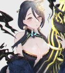  1girl :o akitama2727 bangs bare_shoulders blue_dress blue_hair blue_nails breasts brown_eyes cleavage dress earrings grey_background hair_between_eyes hair_ornament highres holding jewelry kaguya_hime_(sinoalice) looking_at_viewer open_mouth quiver simple_background sinoalice solo 