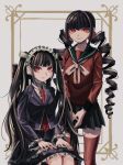  2girls alternate_hairstyle bangs black_hair black_jacket black_skirt blunt_bangs celestia_ludenberg celestia_ludenberg_(cosplay) center_frills chair collared_shirt cosplay costume_switch cowboy_shot danganronpa:_trigger_happy_havoc danganronpa_(series) danganronpa_v3:_killing_harmony drill_hair foca_(sello20582612) frilled_jacket frilled_skirt frills hair_ornament hairclip harukawa_maki harukawa_maki_(cosplay) highres jacket lolita_fashion long_hair looking_at_viewer low_twintails mole mole_under_eye multiple_girls necktie own_hands_together pleated_skirt red_eyes red_legwear red_neckwear red_scrunchie red_shirt school_uniform scrunchie shirt sitting skirt smile standing thighhighs twintails 