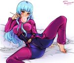  1girl artist_name bangs barefoot bed belt blue_hair bodysuit breasts candy eyebrows_visible_through_hair food kula_diamond lollipop long_hair looking_at_viewer medium_breasts mina_cream pillow purple_eyes signature simple_background smile spread_legs the_king_of_fighters white_background 