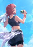  1girl bike_shorts black_shorts blue_sky bottle crop_top day from_behind grey_shorts highres holding holding_bottle kantai_collection kinu_(kancolle) midriff myuutau_tadakichi outdoors red_hair short_hair short_shorts shorts shorts_under_shorts sky solo standing summer wristband 