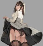  1girl ass black_panties black_skirt blue_eyes breasts brown_hair brown_legwear clothes_lift commentary_request cowboy_shot foreshortening from_behind garter_belt grey_background grey_shirt high-waist_skirt kureha_(ironika) lace-trimmed_legwear lace_trim large_breasts lifted_by_self long_hair long_sleeves looking_at_viewer looking_back original panties shirt simple_background skirt skirt_lift solo thighhighs tsubasa_(kureha) underwear 