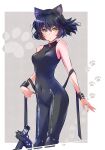  1girl :o absurdres animal_ears bangs bare_shoulders black_hair blake_belladonna bodysuit border breasts cat_ears commentary_request covered_navel cropped_legs floating_hair gambol_shroud highres iesupa knee_pads medium_breasts paw_print paw_print_background ribbon rwby short_hair sleeveless slit_pupils solo weapon white_border wristband yellow_eyes zipper 