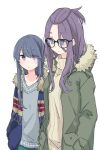  2girls blue_eyes blue_hair glasses hands_in_pockets jacket kagamihara_sakura long_hair multiple_girls purple_eyes purple_hair shima_rin shiroshi_(denpa_eshidan) side-by-side white_background yurucamp 