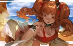  1girl :d absurdres all_fours angelina_(arknights) angelina_(summer_flowers)_(arknights) animal_ears arknights bangs bare_shoulders beach bracelet breasts brown_eyes casual_one-piece_swimsuit cleavage day ennmatien fang fox_ears fox_girl fox_tail hair_ribbon hand_up highres holding holding_hair infection_monitor_(arknights) jewelry long_hair looking_at_viewer medium_breasts necklace ocean official_alternate_costume one-piece_swimsuit open_mouth outdoors pink_nails red_ribbon red_swimsuit ribbon skin_fang smile solo swimsuit tail twintails 