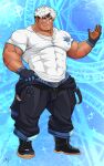  1boy akiha_gongen_(tokyo_houkago_summoners) baggy_pants bandaid bandaid_on_nose bara black_pants bulge covered_abs dark-skinned_male dark_skin dog_tags face facial_hair full_body gloves goatee highres holding horns kuma_gororo large_pectorals looking_at_viewer male_cleavage male_focus multicolored_hair muscular muscular_male navel official_style pants pectorals scar scar_across_eye scar_on_arm scar_on_cheek scar_on_face shirt short_hair sideburns single_horn smile solo thick_eyebrows thick_thighs thighs tight tight_shirt tokyo_houkago_summoners two-tone_hair underwear_peek white_hair white_shirt 